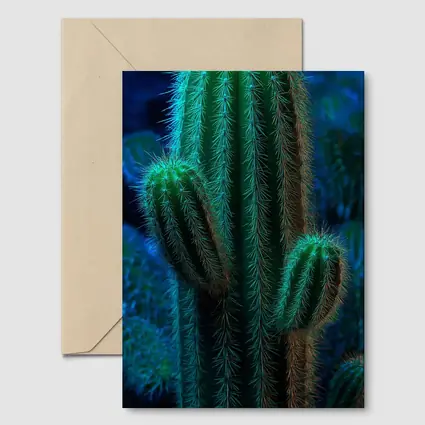 Green Saguaro Cactus Dark Blue Background