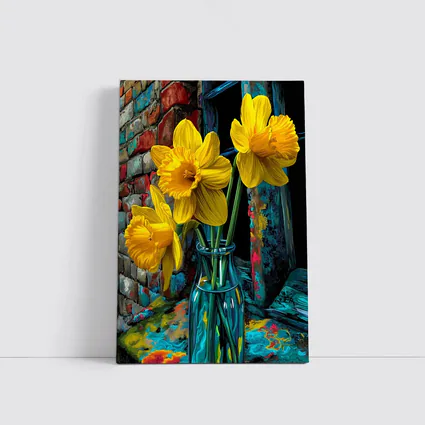 Yellow Daffodils Glass Vase Brick Wall