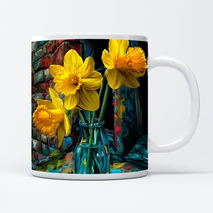 Yellow Daffodils Glass Vase Brick Wall
