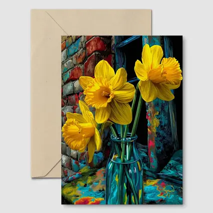 Yellow Daffodils Glass Vase Brick Wall