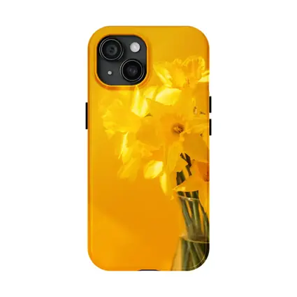 Yellow Daffodils In Glass Vase Golden Background