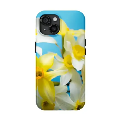 White Yellow Daffodils Blue Background