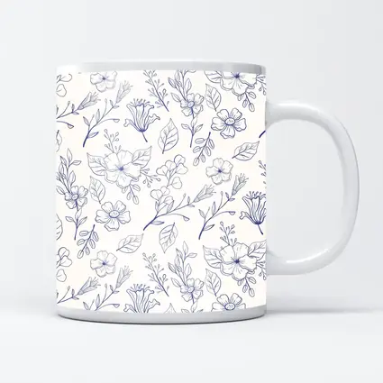 Blue Line Art Floral Pattern White Background