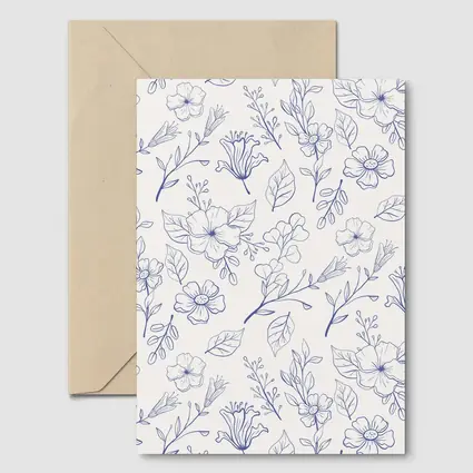 Blue Line Art Floral Pattern White Background