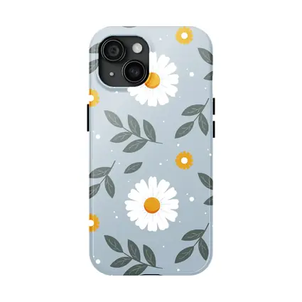 White Daisy Floral Pattern on Blue Gray