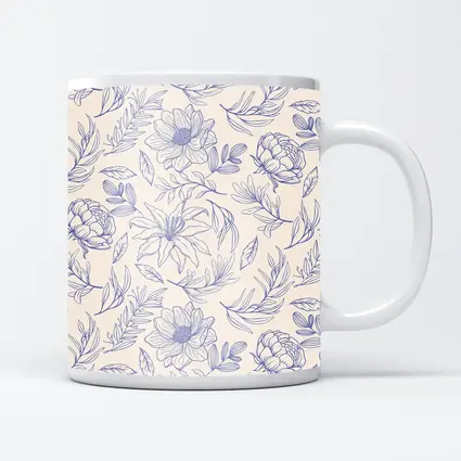 Blue Line Art Floral Pattern Beige Background
