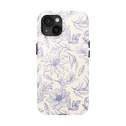 Blue Line Art Floral Pattern Beige Background