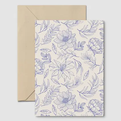 Blue Line Art Floral Pattern Beige Background