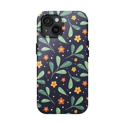 Dark Navy Floral Pattern Green Leaves Background