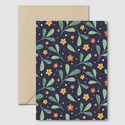 Dark Navy Floral Pattern Green Leaves Background