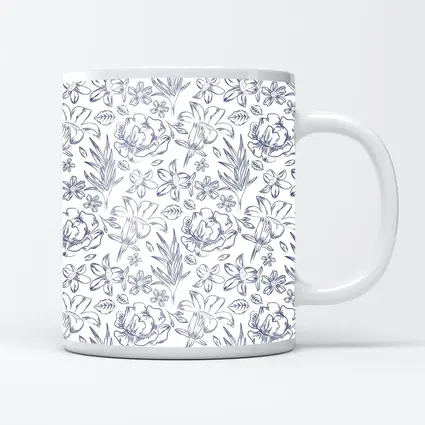 Blue Line Art Floral Pattern White Background