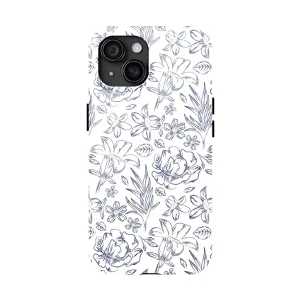 Blue Line Art Floral Pattern White Background