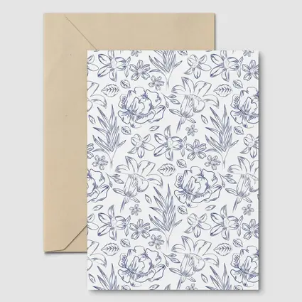 Blue Line Art Floral Pattern White Background