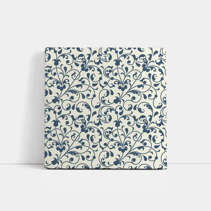 Dark Blue Floral Scroll Pattern Cream Background