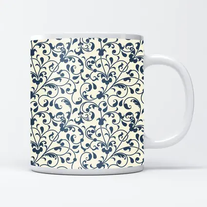 Dark Blue Floral Scroll Pattern Cream Background