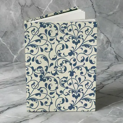 Dark Blue Floral Scroll Pattern Cream Background