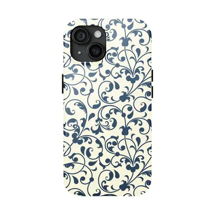 Dark Blue Floral Scroll Pattern Cream Background