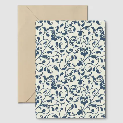 Dark Blue Floral Scroll Pattern Cream Background