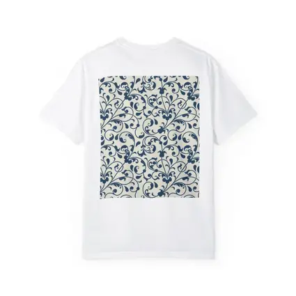 Dark Blue Floral Scroll Pattern Cream Background