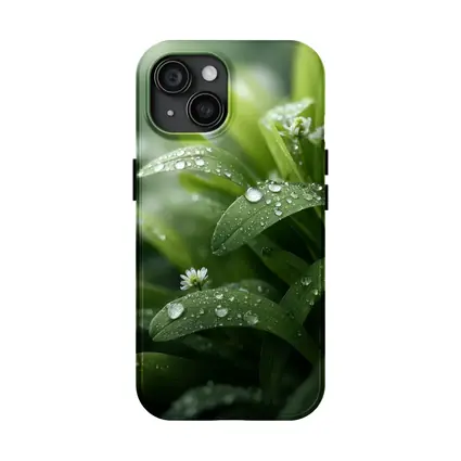 Green Leaves With Dew Drops Close Up