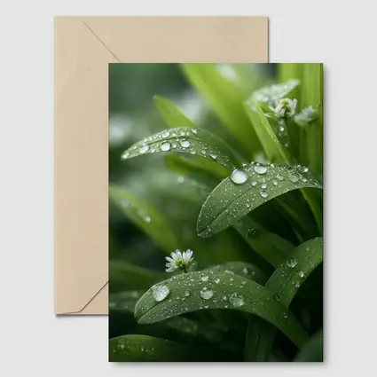 Green Leaves With Dew Drops Close Up