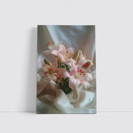 Pink Lily Bouquet on White Silk