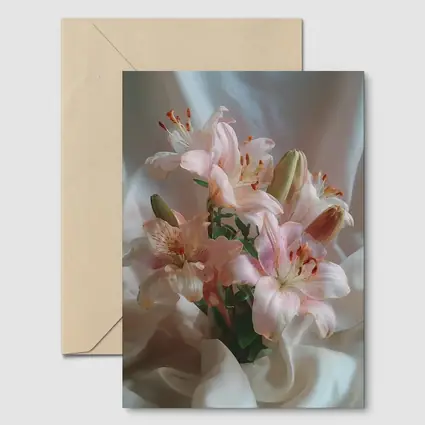 Pink Lily Bouquet on White Silk