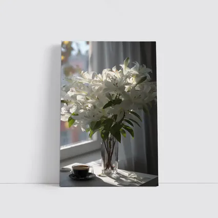 White Lilies Bouquet Glass Vase Window Light