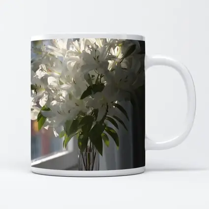 White Lilies Bouquet Glass Vase Window Light