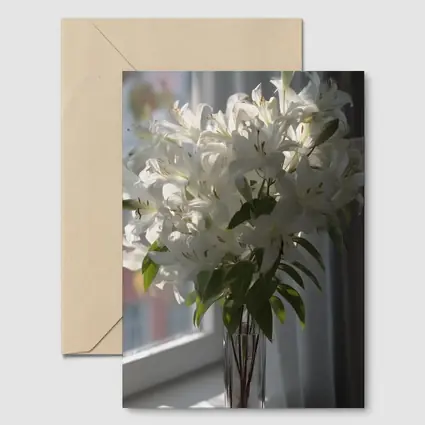 White Lilies Bouquet Glass Vase Window Light