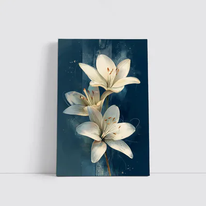White Lily Flowers Dark Blue Background Art