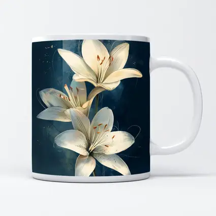 White Lily Flowers Dark Blue Background Art