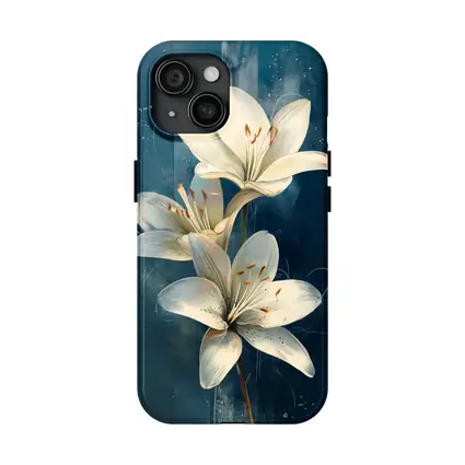 White Lily Flowers Dark Blue Background Art