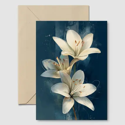 White Lily Flowers Dark Blue Background Art