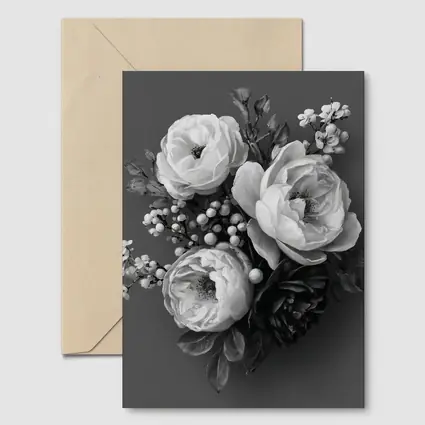 Black and White Peony Bouquet Gray Background