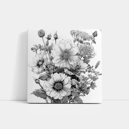 Black and White Botanical Flower Bouquet Drawing