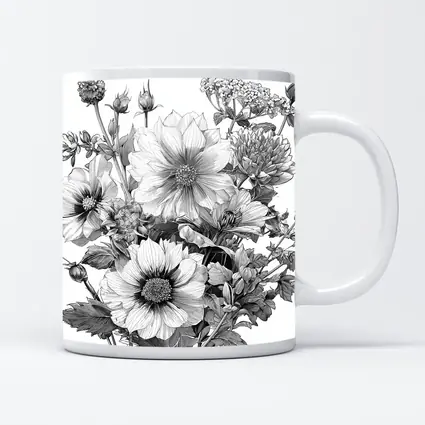 Black and White Botanical Flower Bouquet Drawing