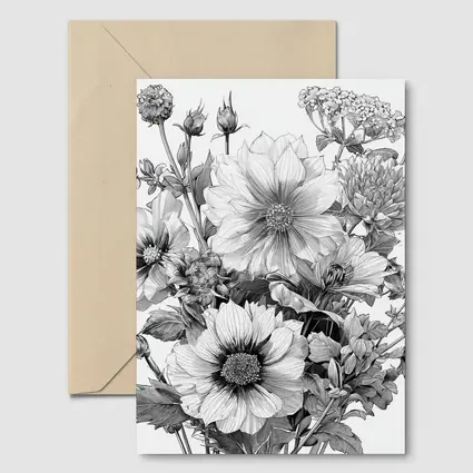Black and White Botanical Flower Bouquet Drawing