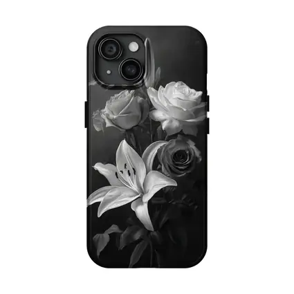 Black And White Roses Lilies Dark Background