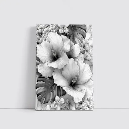 Hibiscus Flowers Monstera Leaves Black White Drawing