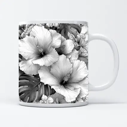 Hibiscus Flowers Monstera Leaves Black White Drawing