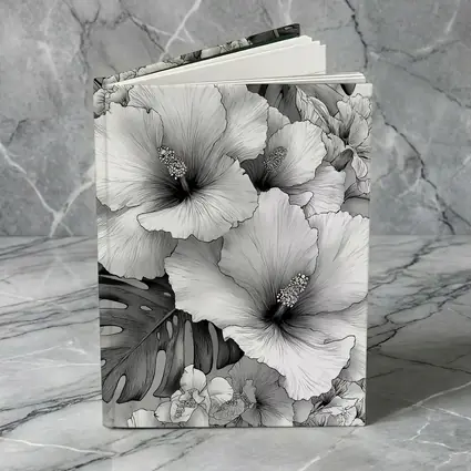 Hibiscus Flowers Monstera Leaves Black White Drawing