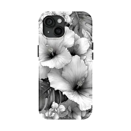 Hibiscus Flowers Monstera Leaves Black White Drawing