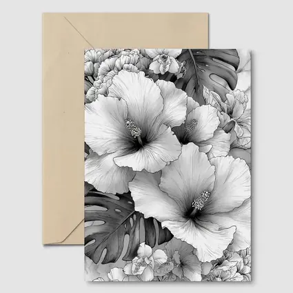 Hibiscus Flowers Monstera Leaves Black White Drawing