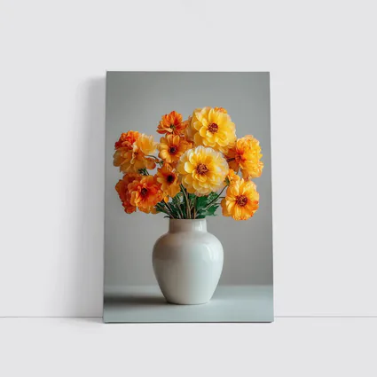 Orange Dahlia Bouquet White Vase Gray Background