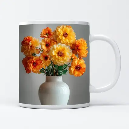 Orange Dahlia Bouquet White Vase Gray Background