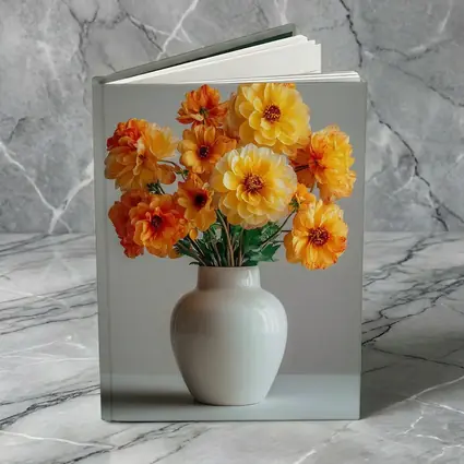 Orange Dahlia Bouquet White Vase Gray Background