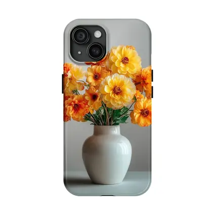 Orange Dahlia Bouquet White Vase Gray Background