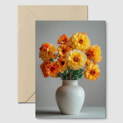 Orange Dahlia Bouquet White Vase Gray Background