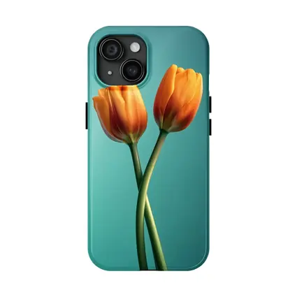 Two Orange Tulips Teal Background